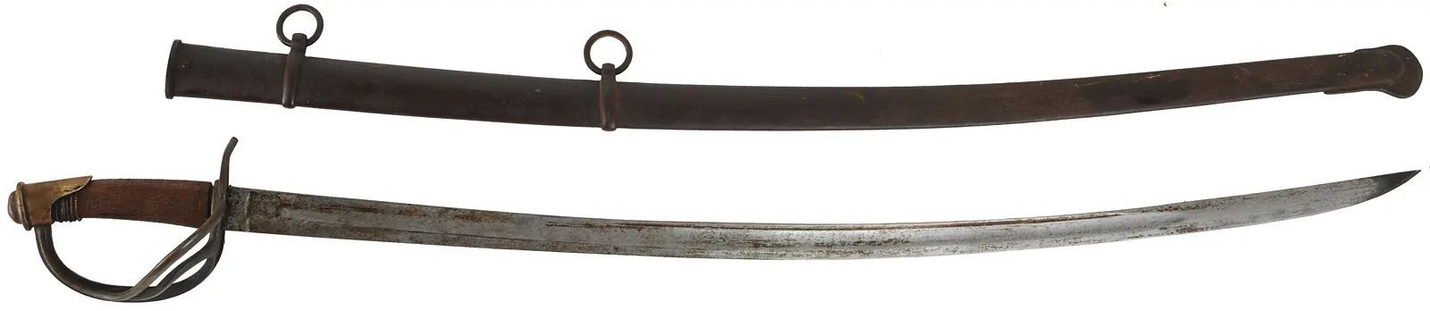 Antique 1840 Cavalry Saber,
36" blade, steel scabbard, missing wire wrap, 
stamped K&C for Kirschbaum & Co.