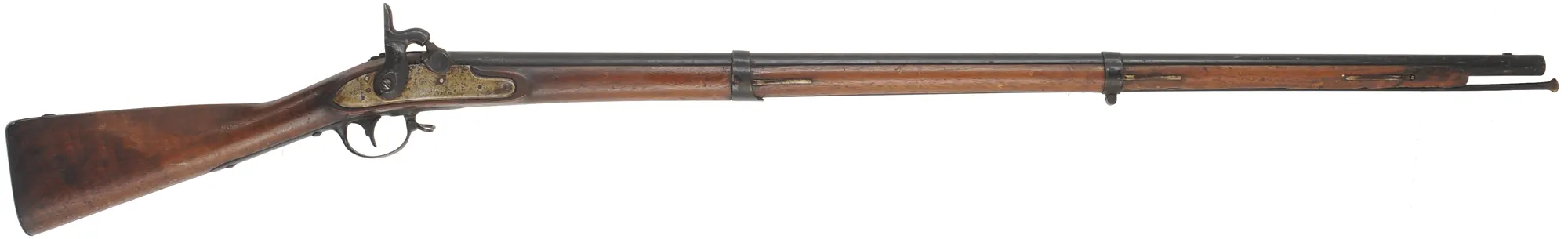 Conversion of U.S. Model 1816 Contract Musket
.69 caliber, 42" barrel,
walnut, barrel and iron trim painted black, 
antique, dated 1826, by A. Waters, Millbury