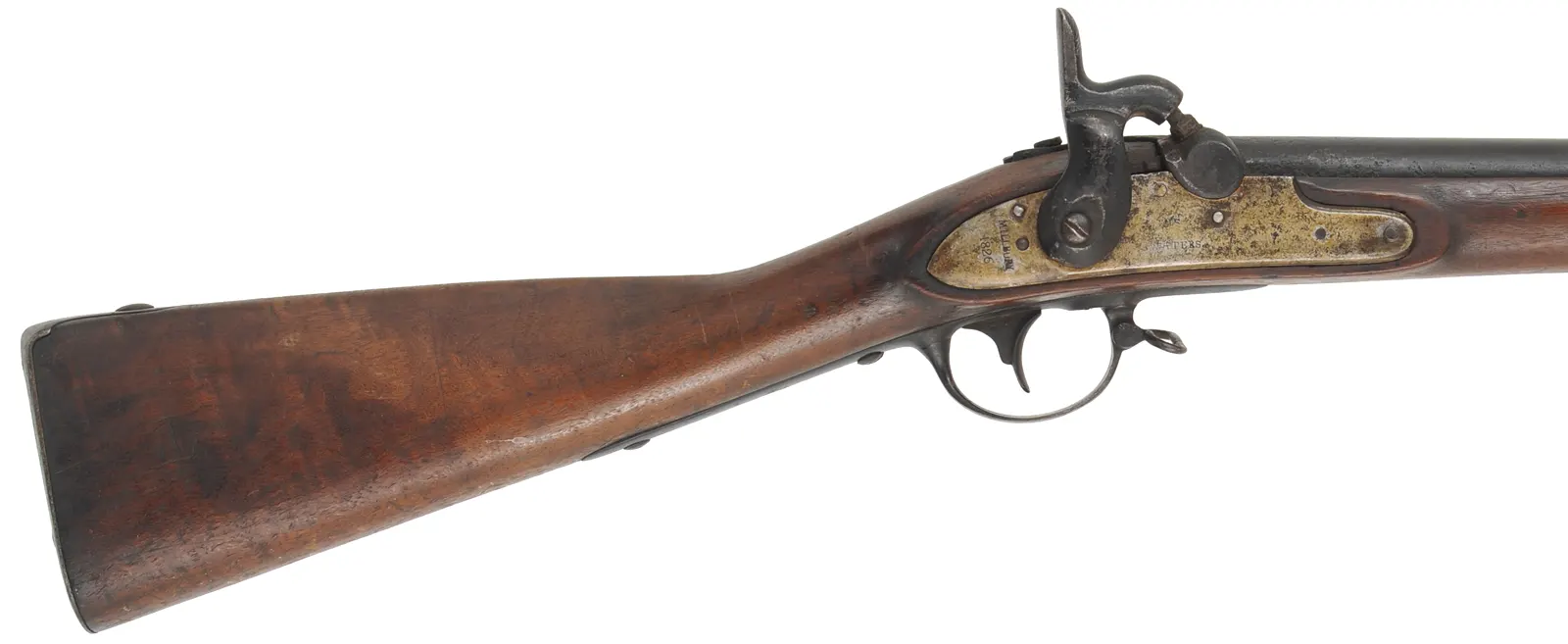 Conversion of U.S. Model 1816 Contract Musket
.69 caliber, 42" barrel,
walnut, barrel and iron trim painted black, 
antique, dated 1826, by A. Waters, Millbury