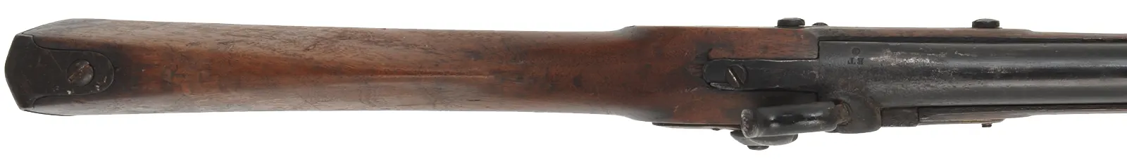 Conversion of U.S. Model 1816 Contract Musket
.69 caliber, 42" barrel,
walnut, barrel and iron trim painted black, 
antique, dated 1826, by A. Waters, Millbury