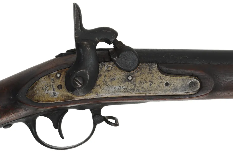 Conversion of U.S. Model 1816 Contract Musket
.69 caliber, 42" barrel,
walnut, barrel and iron trim painted black, 
antique, dated 1826, by A. Waters, Millbury