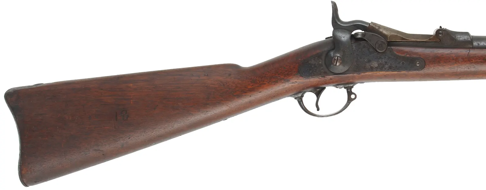 U.S. Model 1884 Springfield Trapdoor Rifle,
caliber .45-70 Gov't,  32-5/8" barrel,
cut-down walnut stock, iron, dark bore, antique