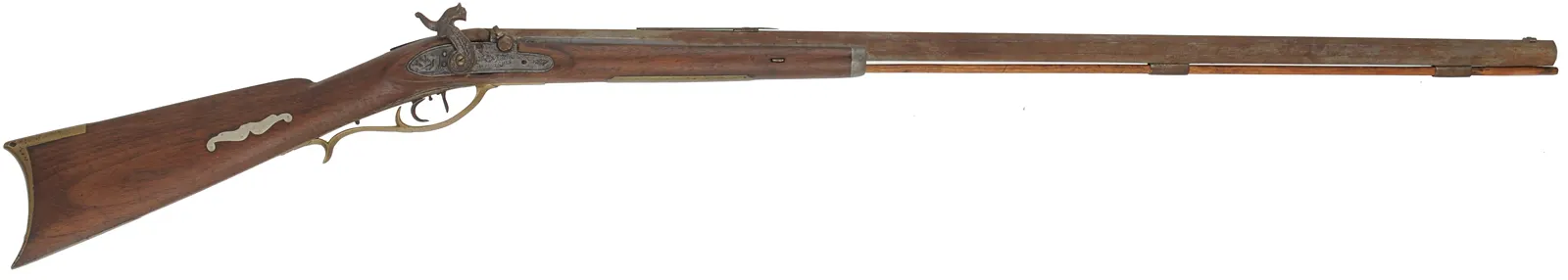 Relic ~ Antique Halfstock Rifle,
.36 caliber, 34-1/2" barrel,
percussion, walnut, brass,
cracks, non-functional, decorator use