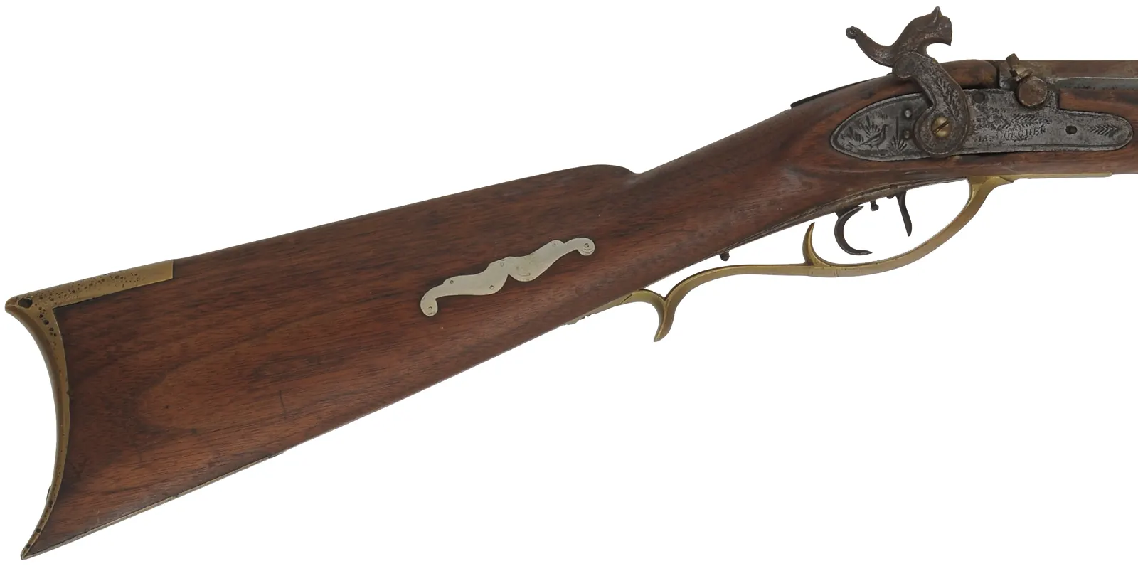 Relic ~ Antique Halfstock Rifle,
.36 caliber, 34-1/2" barrel,
percussion, walnut, brass,
cracks, non-functional, decorator use