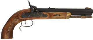 CVA Hawken Pistol,
.50 caliber, 10" barrel,
percussion, beech, brass, 
used, with leather holster
