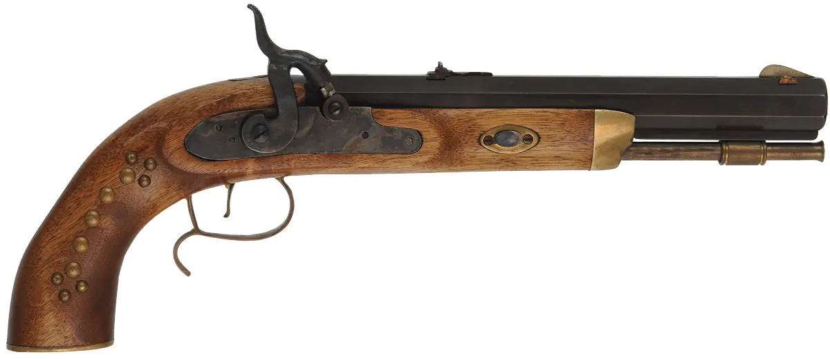 CVA Hawken Pistol,
.50 caliber, 10" barrel,
percussion, beech, brass, 
used, with leather holster

