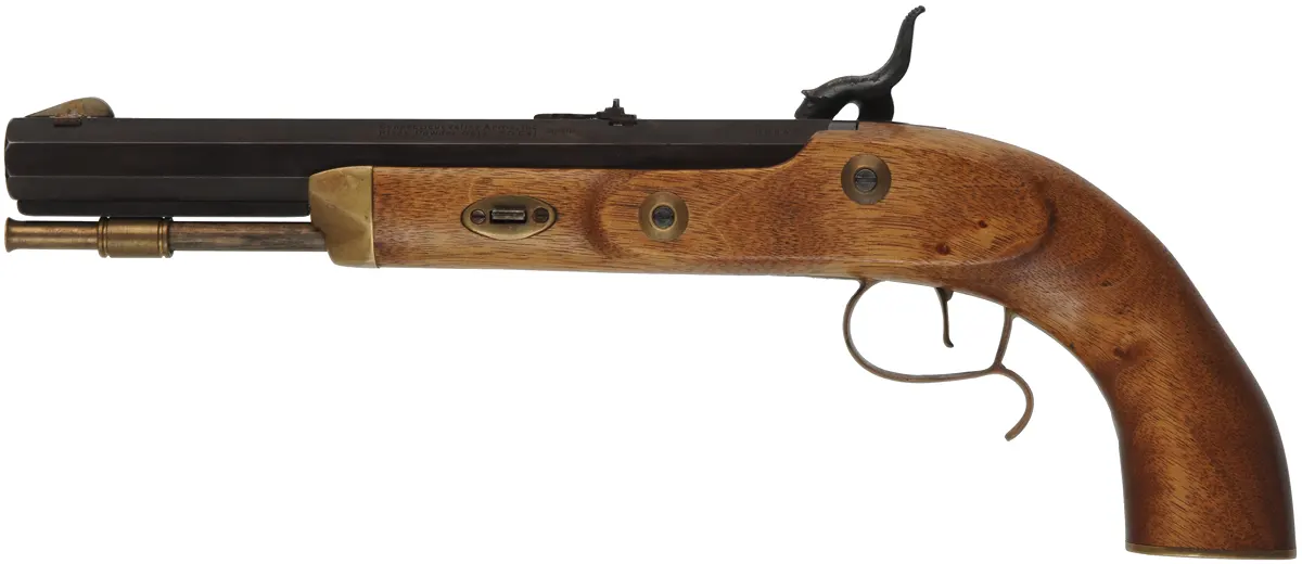 CVA Hawken Pistol,
.50 caliber, 10" barrel,
percussion, beech, brass, 
used, with leather holster
