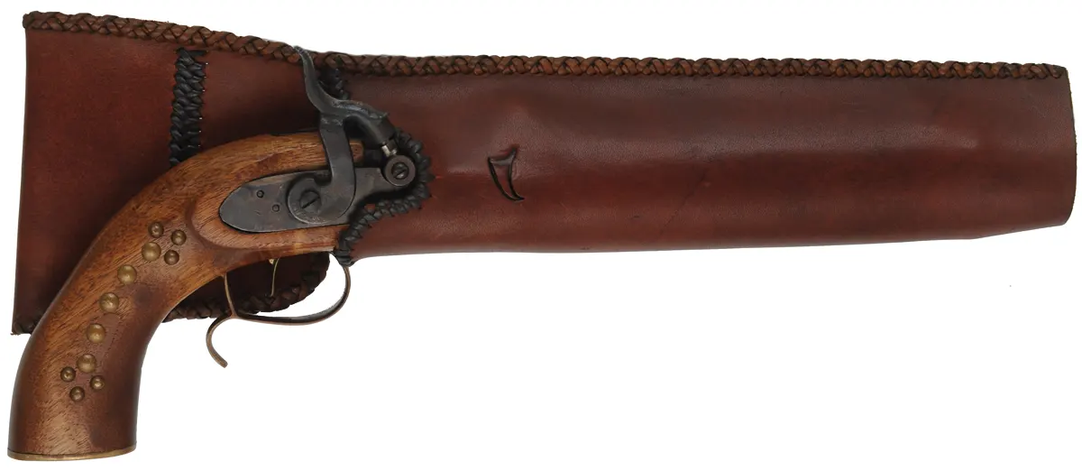 CVA Hawken Pistol,
.50 caliber, 10" barrel,
percussion, beech, brass, 
used, with leather holster
