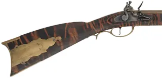 Kentucky Rifle,
.50 caliber, 35-1/2" barrel,
flintlock, walnut, brass, tiger stripe finish,
used, from a kit by Davide Pedersoli