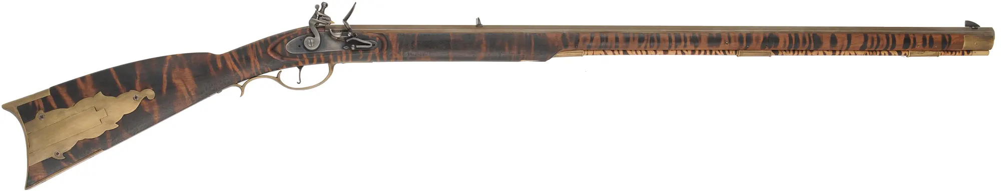 Kentucky Rifle,
.50 caliber, 35-1/2" barrel,
flintlock, walnut, brass, tiger stripe finish,
used, from a kit by Davide Pedersoli