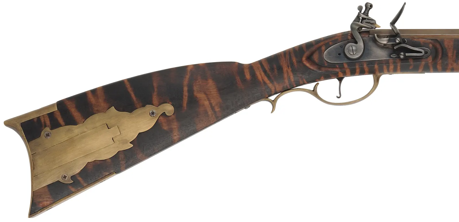 Kentucky Rifle,
.50 caliber, 35-1/2" barrel,
flintlock, walnut, brass, tiger stripe finish,
used, from a kit by Davide Pedersoli