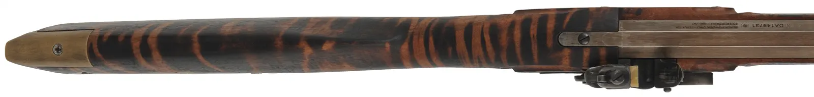 Kentucky Rifle,
.50 caliber, 35-1/2" barrel,
flintlock, walnut, brass, tiger stripe finish,
used, from a kit by Davide Pedersoli