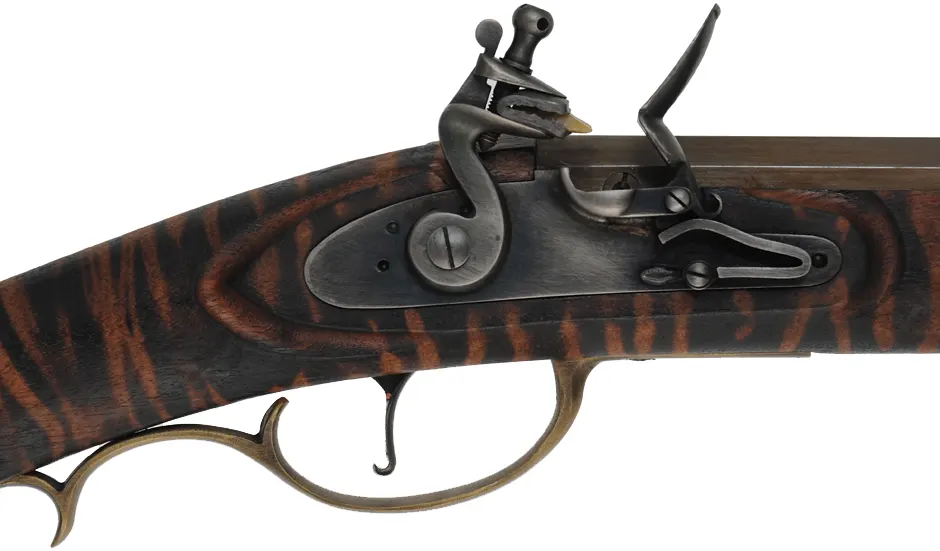 Kentucky Rifle,
.50 caliber, 35-1/2" barrel,
flintlock, walnut, brass, tiger stripe finish,
used, from a kit by Davide Pedersoli