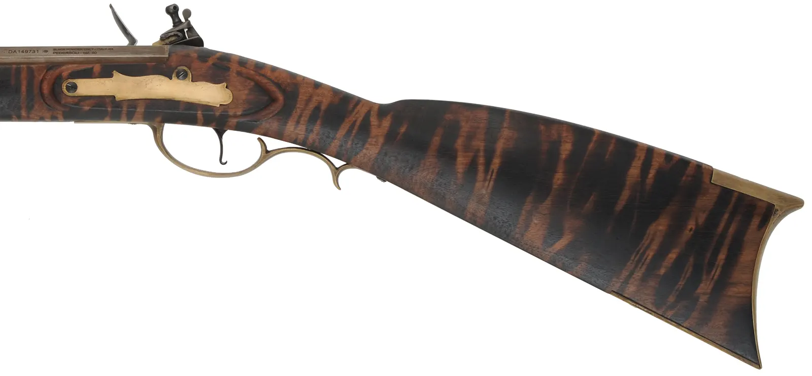 Kentucky Rifle,
.50 caliber, 35-1/2" barrel,
flintlock, walnut, brass, tiger stripe finish,
used, from a kit by Davide Pedersoli