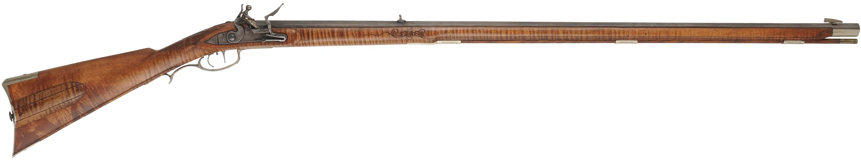 Lancaster County, Pennsylvania "Grand" Rifle,
.45 caliber, 42" swamped Colerain barrel,
flintlock, curly maple, engraved nickel sliver, 
used, by M. Avance & B. Horne