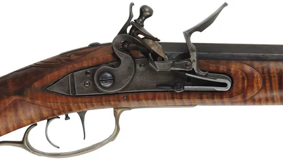 Lancaster County, Pennsylvania "Grand" Rifle,
.45 caliber, 42" swamped Colerain barrel,
flintlock, curly maple, engraved nickel sliver, 
used, by M. Avance & B. Horne