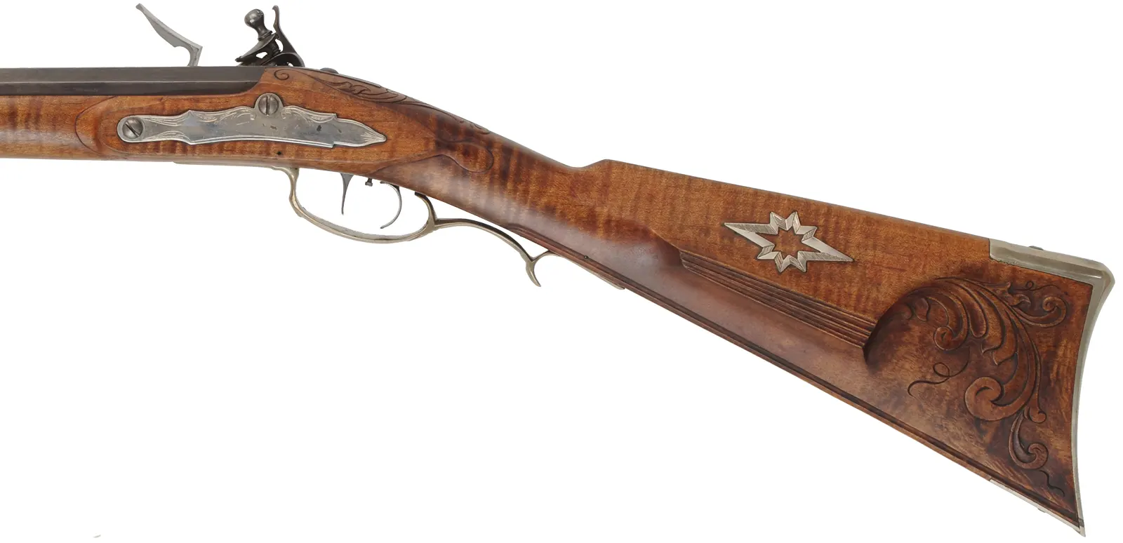 Lancaster County, Pennsylvania "Grand" Rifle,
.45 caliber, 42" swamped Colerain barrel,
flintlock, curly maple, engraved nickel sliver, 
used, by M. Avance & B. Horne