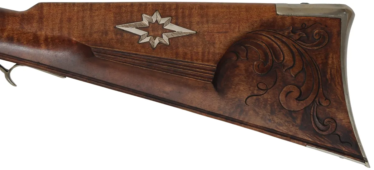 Lancaster County, Pennsylvania "Grand" Rifle,
.45 caliber, 42" swamped Colerain barrel,
flintlock, curly maple, engraved nickel sliver, 
used, by M. Avance & B. Horne