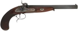 Siber Target Pistol, 
.33 caliber, 10" barrel,
percussion, checkered walnut, iron trim, 
factory range & display cases, with accessories, 
used by Hege-Germany