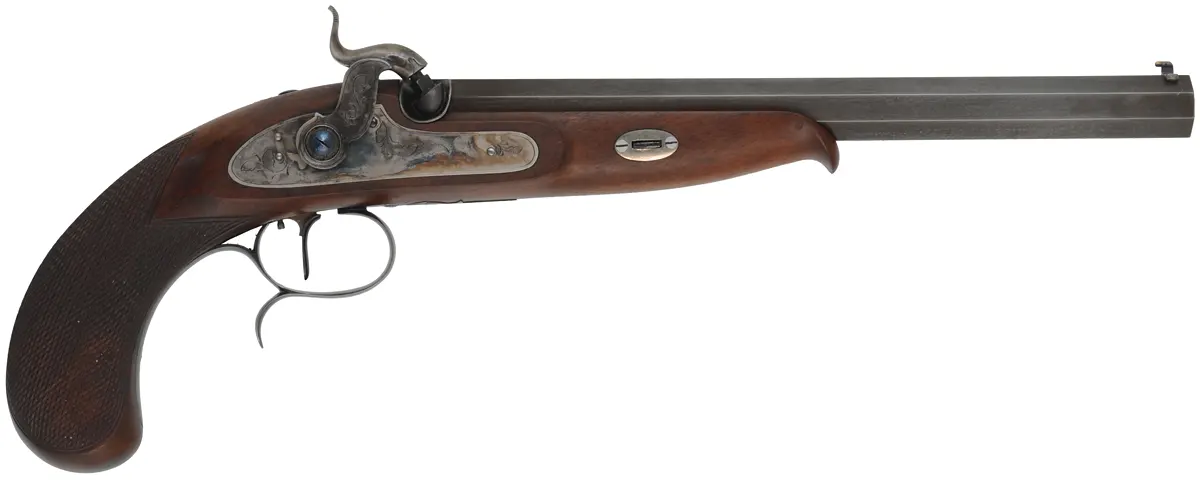 Siber Target Pistol, 
.33 caliber, 10" barrel,
percussion, checkered walnut, iron trim, 
factory range & display cases, with accessories, 
used by Hege-Germany
