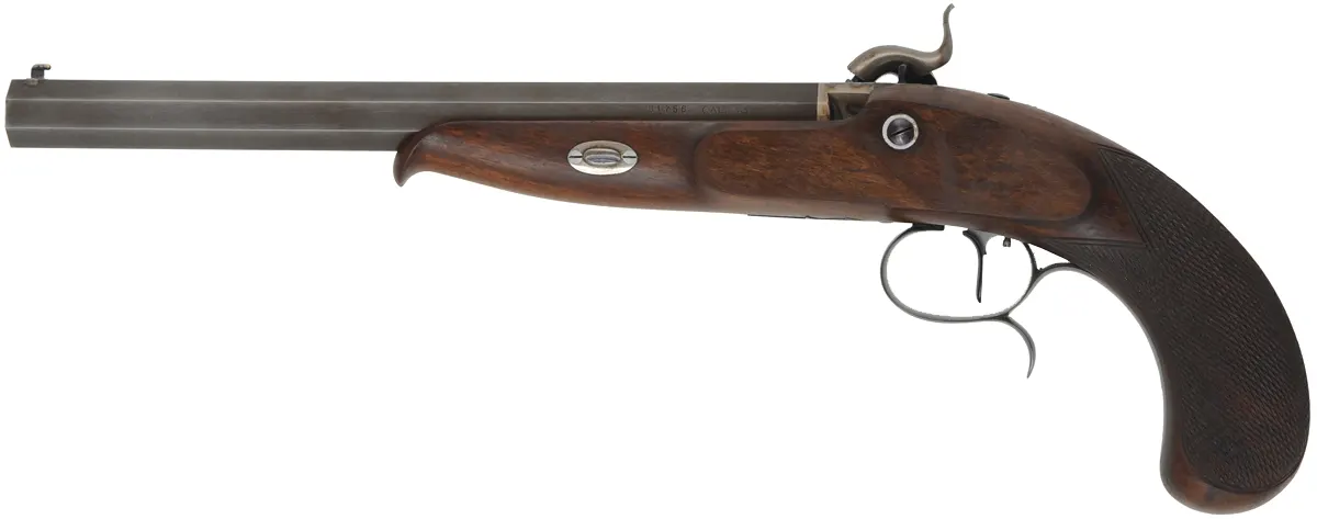 Siber Target Pistol, 
.33 caliber, 10" barrel,
percussion, checkered walnut, iron trim, 
factory range & display cases, with accessories, 
used by Hege-Germany