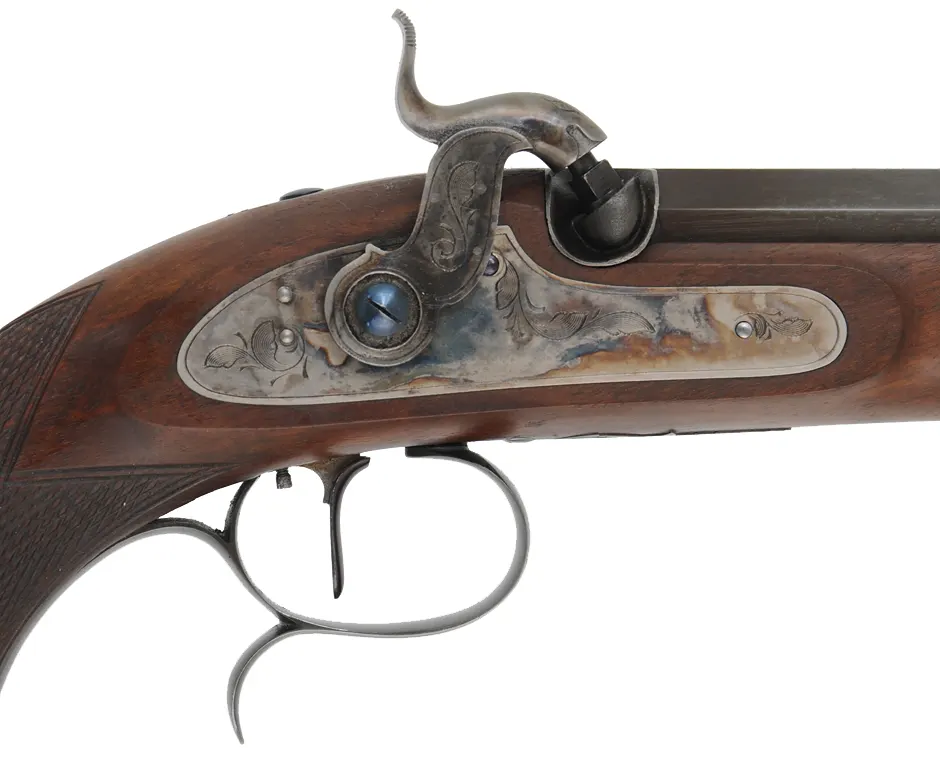 Siber Target Pistol, 
.33 caliber, 10" barrel,
percussion, checkered walnut, iron trim, 
factory range & display cases, with accessories, 
used by Hege-Germany