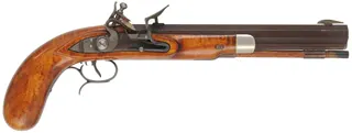 Halfstock Pistol,
.50 caliber, 10-1/2" barrel,
Siler flintlock, maple, iron trim,
used, marked R. Gregg