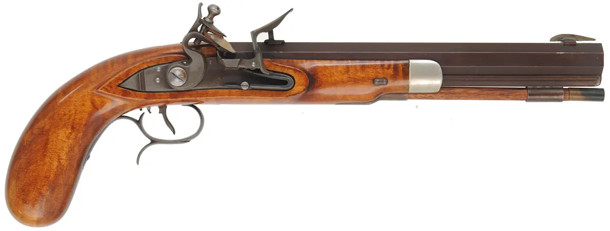 Halfstock Pistol,
.50 caliber, 10-1/2" barrel,
Siler flintlock, maple, iron trim,
used, marked R. Gregg