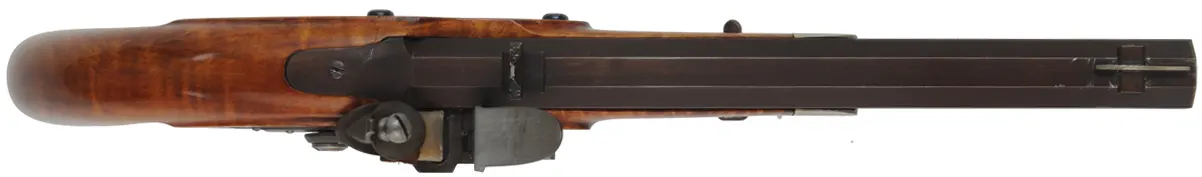 Halfstock Pistol,
.50 caliber, 10-1/2" barrel,
Siler flintlock, maple, iron trim,
used, marked R. Gregg
