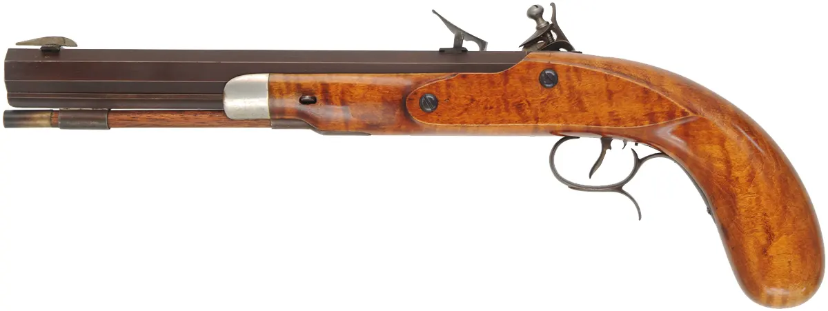 Halfstock Pistol,
.50 caliber, 10-1/2" barrel,
Siler flintlock, maple, iron trim,
used, marked R. Gregg