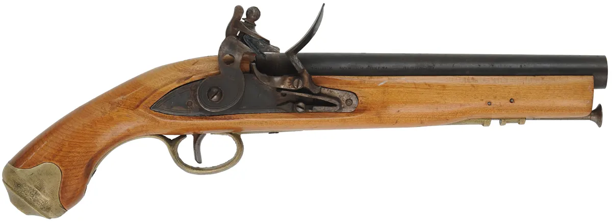 Sea Service Pistol,
.67 caliber smoothbore, 9" barrel, 
flintlock, beech, brass, 
used, made in Japan by Miroku