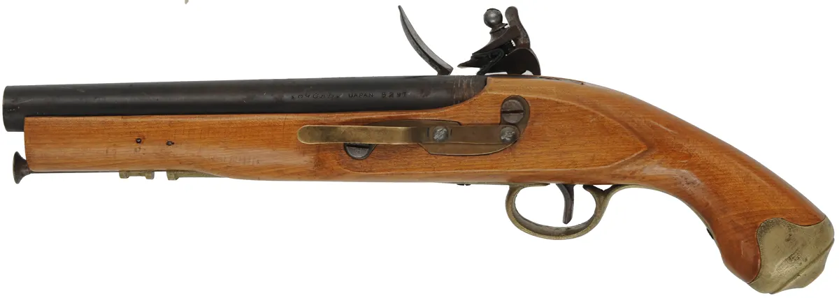 Sea Service Pistol,
.67 caliber smoothbore, 9" barrel, 
flintlock, beech, brass, 
used, made in Japan by Miroku