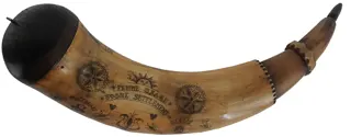 Powder Horn,
13-3/4", scrimshaw Daniel Boone theme,
iron staple, domed base