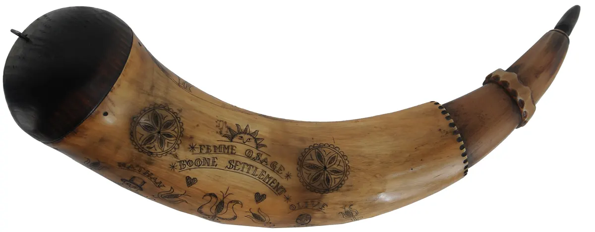 Powder Horn,
13-3/4", scrimshaw Daniel Boone theme,
iron staple, domed base