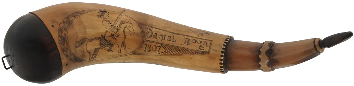 Powder Horn,
13-3/4", scrimshaw Daniel Boone theme,
iron staple, domed base