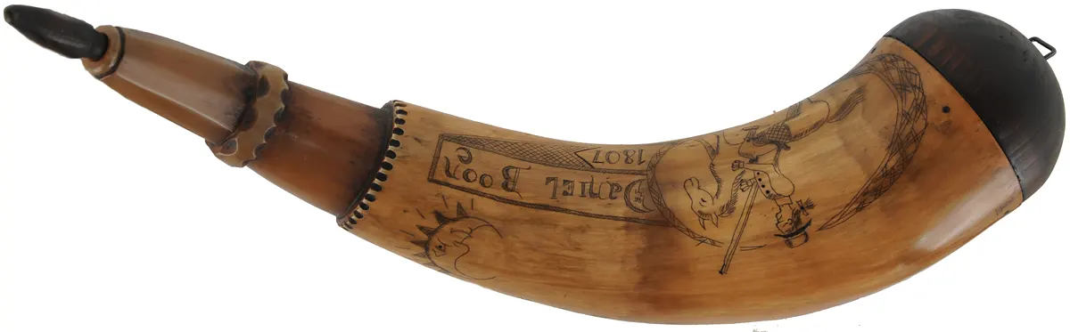 Powder Horn,
13-3/4", scrimshaw Daniel Boone theme,
iron staple, domed base