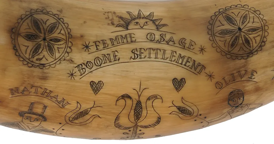 Powder Horn,
13-3/4", scrimshaw Daniel Boone theme,
iron staple, domed base