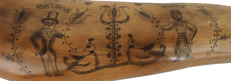 Powder Horn,
13-3/4", scrimshaw Daniel Boone theme,
iron staple, domed base