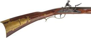 Tennessee Maid Longrifle,
.38 caliber, 41-1/4" barrel,
antique flintlock, maple, brass, extra lock,
by one of America's first replica longrifle makers,
used, signed by Royland Southgate