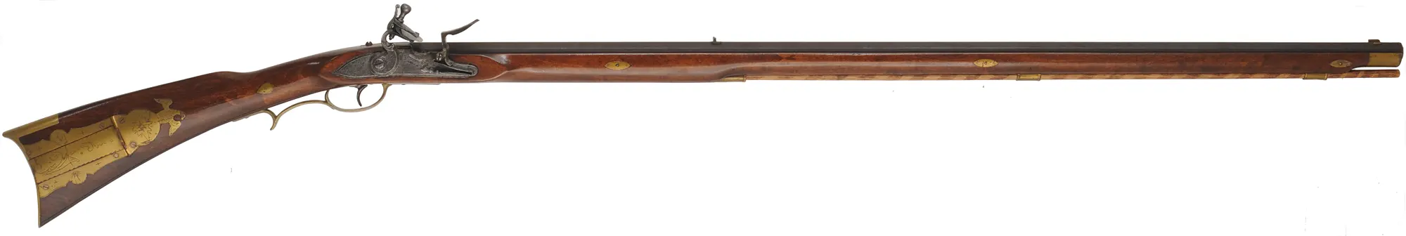 Tennessee Maid Longrifle,
.38 caliber, 41-1/4" barrel,
antique flintlock, maple, brass, extra lock,
by one of America's first replica longrifle makers,
used, signed by Royland Southgate