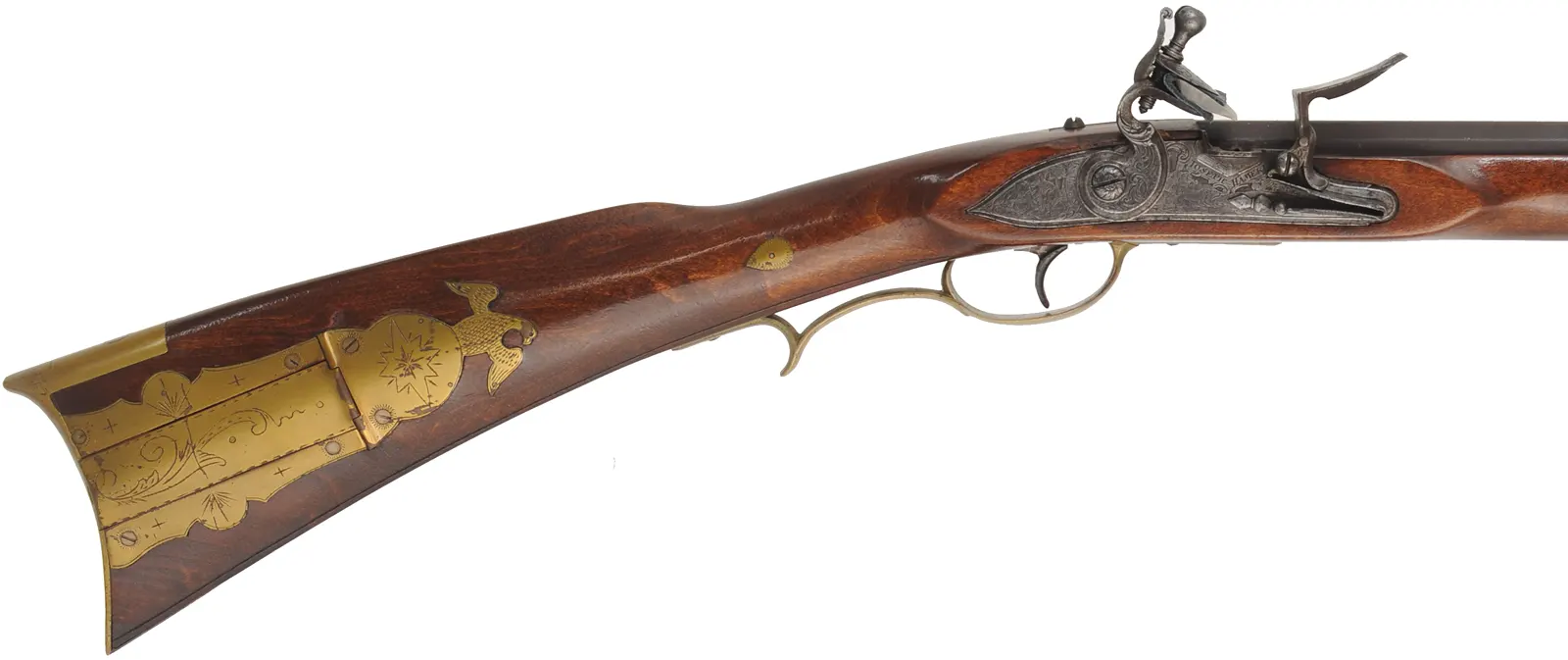 Tennessee Maid Longrifle,
.38 caliber, 41-1/4" barrel,
antique flintlock, maple, brass, extra lock,
by one of America's first replica longrifle makers,
used, signed by Royland Southgate