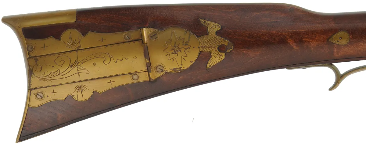 Tennessee Maid Longrifle,
.38 caliber, 41-1/4" barrel,
antique flintlock, maple, brass, extra lock,
by one of America's first replica longrifle makers,
used, signed by Royland Southgate