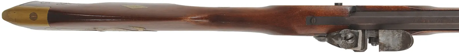 Tennessee Maid Longrifle,
.38 caliber, 41-1/4" barrel,
antique flintlock, maple, brass, extra lock,
by one of America's first replica longrifle makers,
used, signed by Royland Southgate
