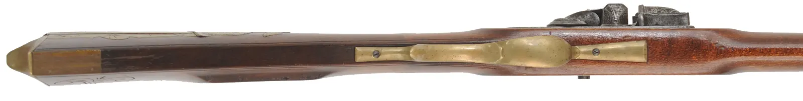Tennessee Maid Longrifle,
.38 caliber, 41-1/4" barrel,
antique flintlock, maple, brass, extra lock,
by one of America's first replica longrifle makers,
used, signed by Royland Southgate