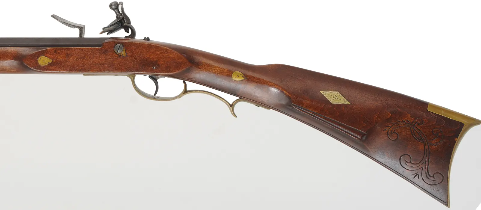 Tennessee Maid Longrifle,
.38 caliber, 41-1/4" barrel,
antique flintlock, maple, brass, extra lock,
by one of America's first replica longrifle makers,
used, signed by Royland Southgate
