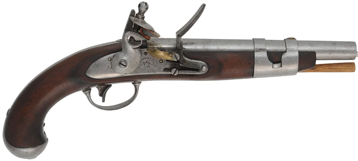 U. S. Model 1816 Pistol,
.54 caliber smoothbore, 9-1/16" barrel,
flintlock, walnut, iron,
antique, by Simeon North
