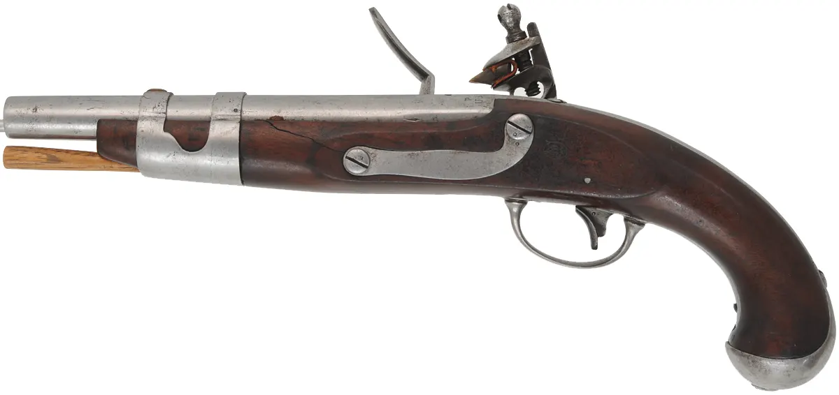 U. S. Model 1816 Pistol,
.54 caliber smoothbore, 9-1/16" barrel,
flintlock, walnut, iron,
antique, by Simeon North
