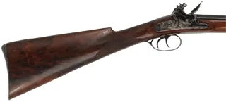 Double Barrel Flint Shotgun,
28 gauge, 26" barrels,
flintlock, checkered walnut, iron,
used, by D. Johnson & J. Cannon