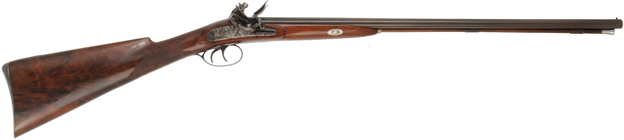 Double Barrel Flint Shotgun,
28 gauge, 26" barrels,
flintlock, checkered walnut, iron,
used, by D. Johnson & J. Cannon