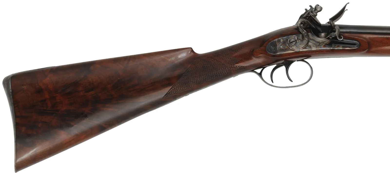 Double Barrel Flint Shotgun,
28 gauge, 26" barrels,
flintlock, checkered walnut, iron,
used, by D. Johnson & J. Cannon